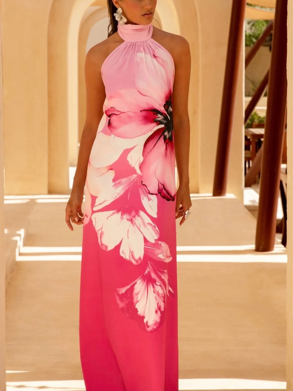 Club L London Pink Floral Halter Maxi Dress